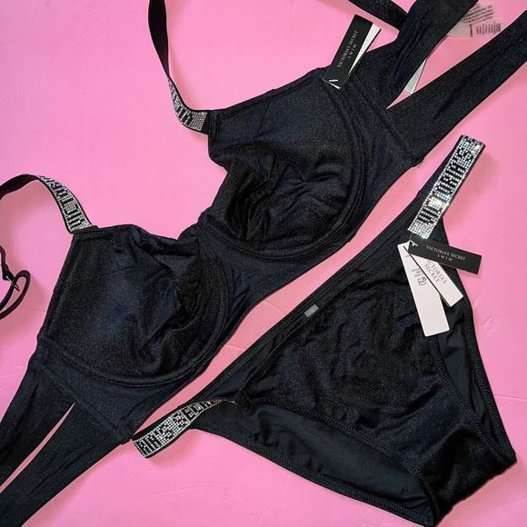 Victoria's Secret UNLINED 36C/36B BIKINI L BOTTOM shine strap BLACK SILVER - Picture 2 of 5